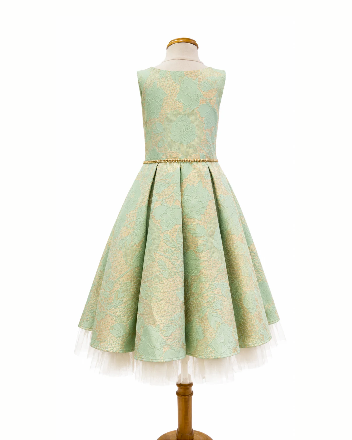 Vestido Verde Menta Brocado Cinto Dorado