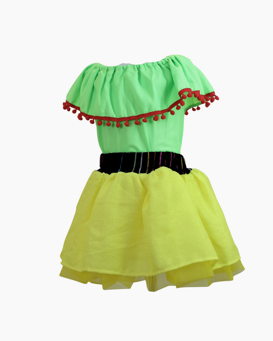Set Patrio Falda Tipo TuTu Cambaya amarillo y Blusa Campesina verde con pompones rojo