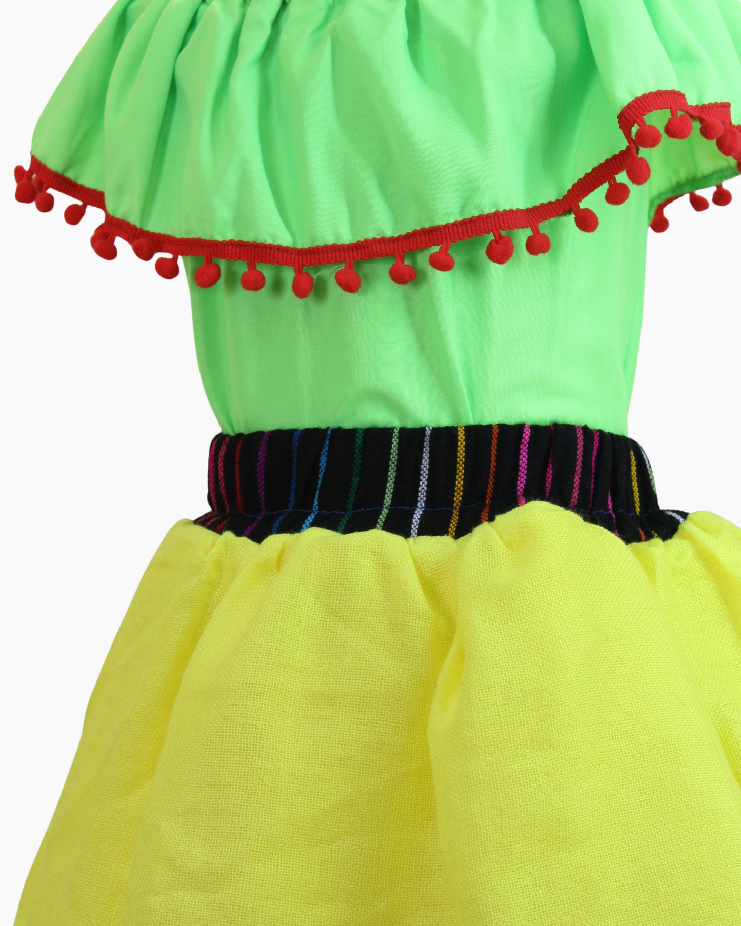 Set Patrio Falda Tipo TuTu Cambaya amarillo y Blusa Campesina verde con pompones rojo