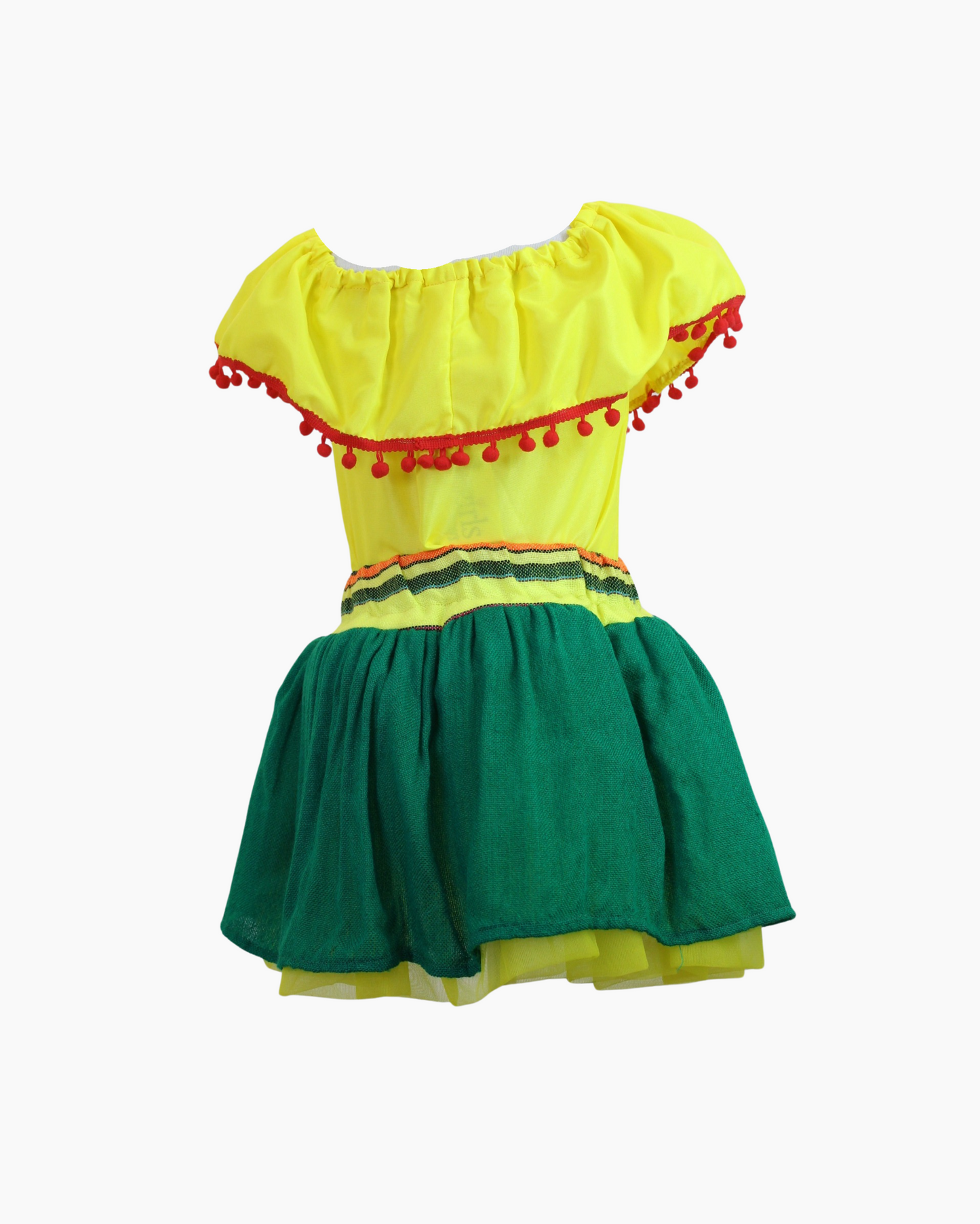 Set Patrio Falda Tipo TuTu Cambaya Verde y Blusa Campesina amarilla con pompones rojo
