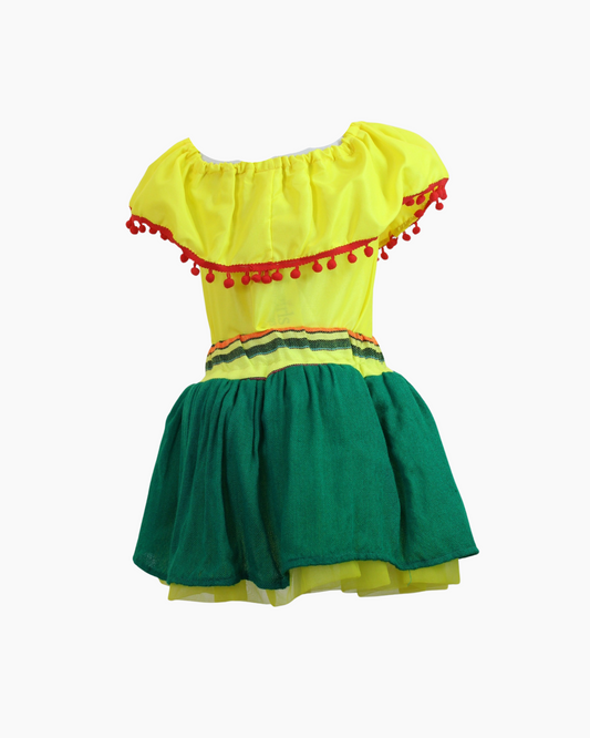 Set Patrio Falda Tipo TuTu Cambaya Verde y Blusa Campesina amarilla con pompones rojo