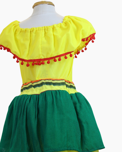 Set Patrio Falda Tipo TuTu Cambaya Verde y Blusa Campesina amarilla con pompones rojo