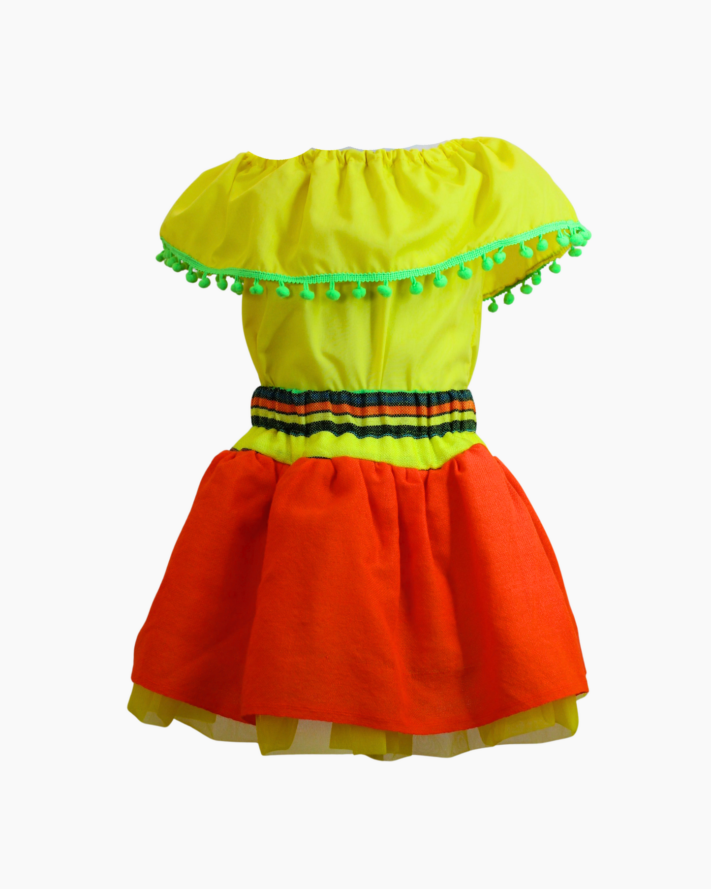 Set Patrio Falda Tipo TuTu Cambaya Naranja y Blusa Campesina amarilla con pompones verdes