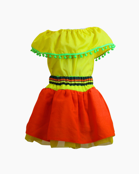 Set Patrio Falda Tipo TuTu Cambaya Naranja y Blusa Campesina amarilla con pompones verdes