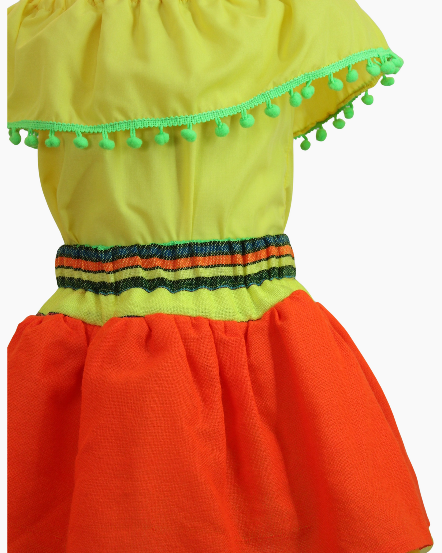 Set Patrio Falda Tipo TuTu Cambaya Naranja y Blusa Campesina amarilla con pompones verdes