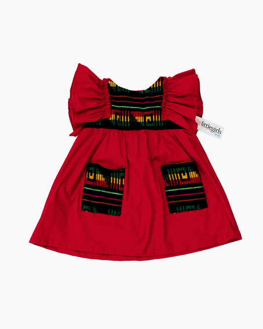 vestido patrio popelina rojo con peto a rayas colores negro amarillo y verde