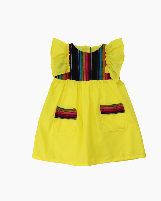 vestido patrio popelina amarillo con peto a rayas colores negro rosa