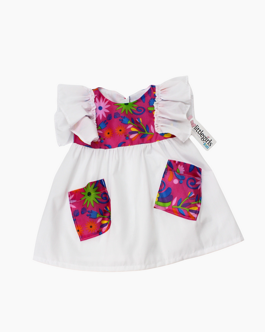 vestido patrio popelina blanco, peto flores colores