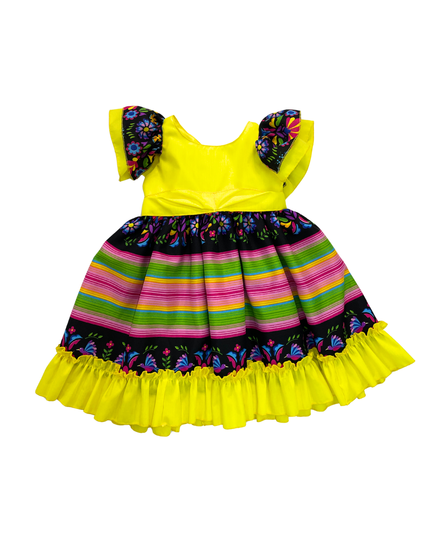 VESTIDO ADELITA TIPICO PATRIO ELEGANTE PETO AMARILLO, FALDA RAYAS
