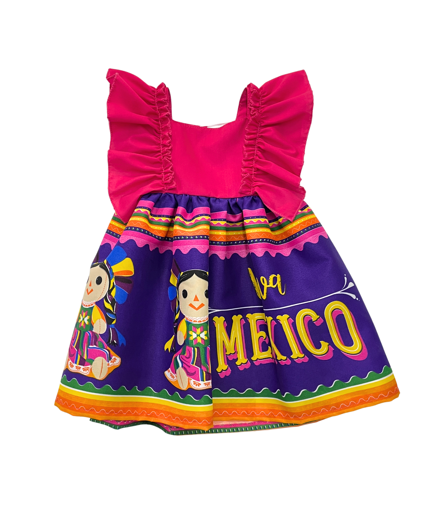 VESTIDO ADELITA TIPICO PATRIO ELEGANTE PETO ROSA, FALDA MORADA MUÑECAS