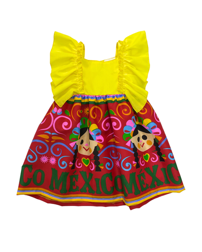 VESTIDO ADELITA TIPICO PATRIO ELEGANTE PETO AMARILLO, FALDA ROSA MUÑECAS