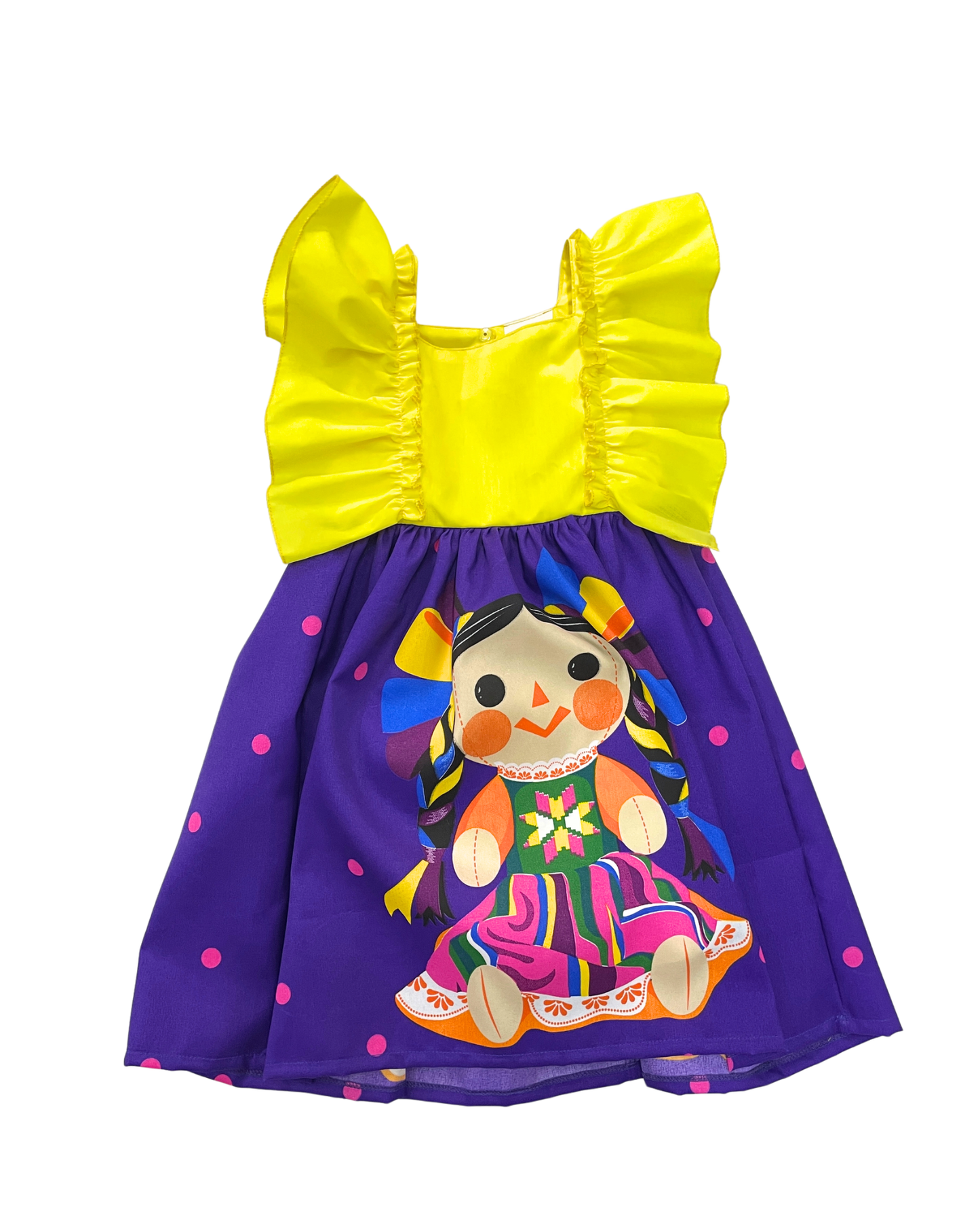 VESTIDO ADELITA TIPICO PATRIO ELEGANTE PETO AMARILLO, FALDA MORADA MUÑECAS