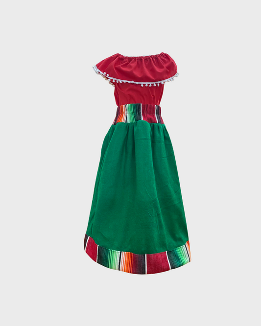 Set Patrio Falda con Elementos Estilo Mexicana y Blusa Campesina color verde con rojo