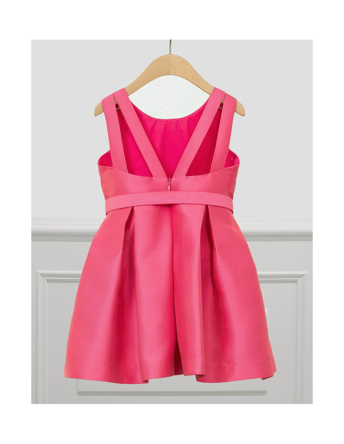 vestido fucsia jaquard con moño en cintura