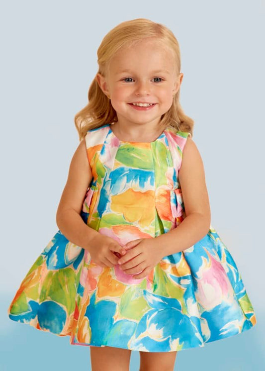 vestido de mikado con estampado de flores para bebé.