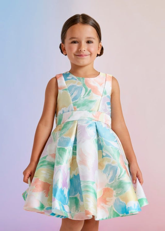 vestido de mikado con estampado floral con lazo trasero para niña.
