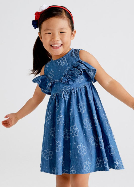 vestido denim perforado manga ruffle