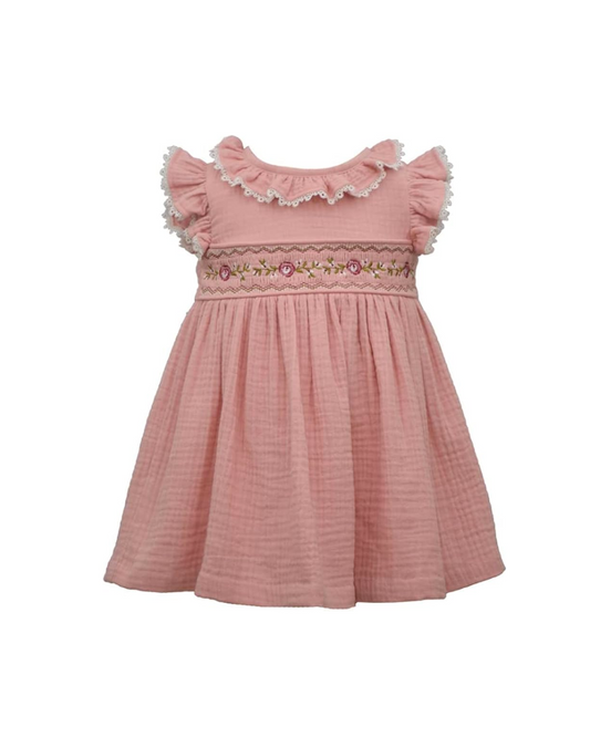 Vestido rosa viejo cintura flores, corte español