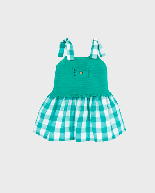 vestido verde talle tejido falda a cuadros primavera