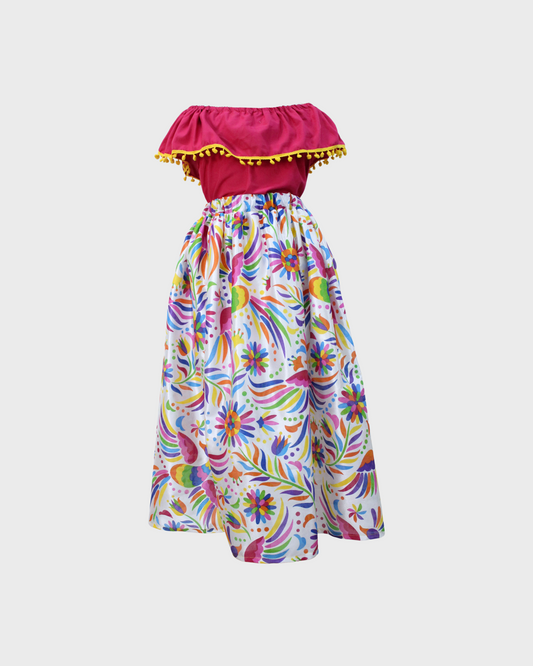 Set Patrio Falda Larga Tipo Adelita Blanca Flores y Blusa Campesina Rosa Amarillo