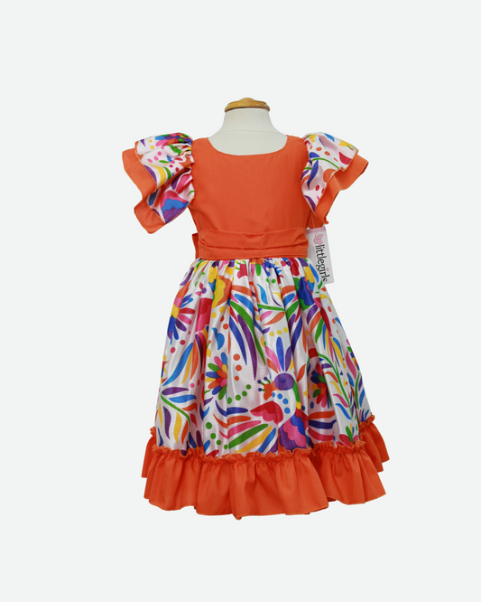 vestido adelita, patrio manga escarola. peto naranja