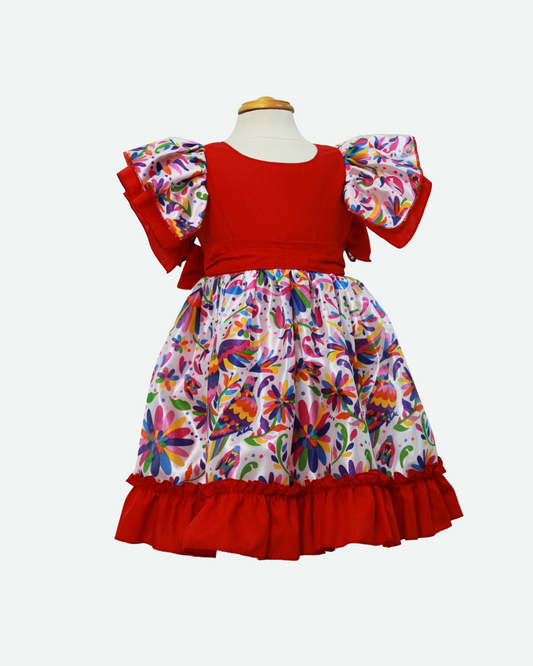 vestido adelita, patrio manga escarola. peto rojo bandera