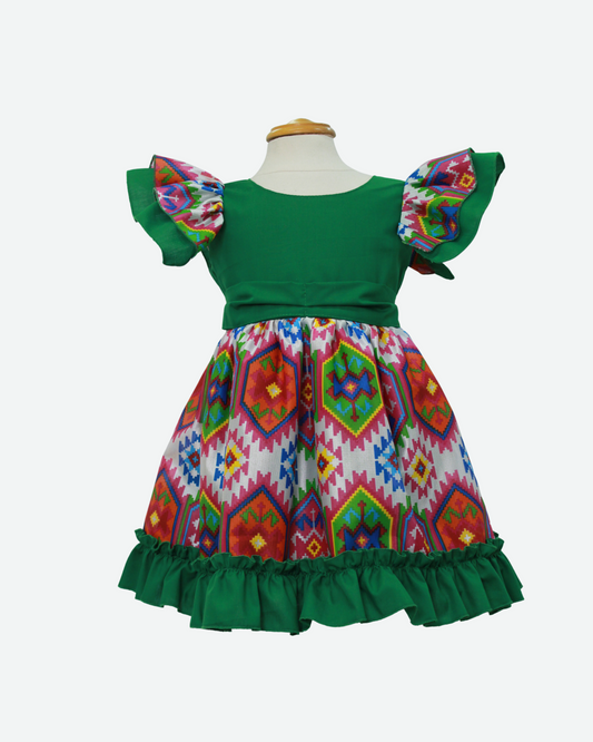 vestido adelita, patrio manga escarola. peto verde, tela cuadros