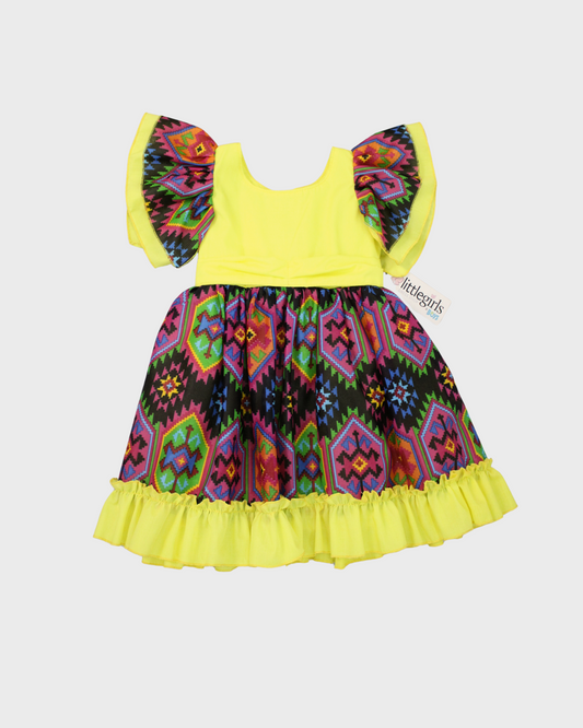 vestido adelita, patrio manga escarola. petoamarillo, tela geometrica