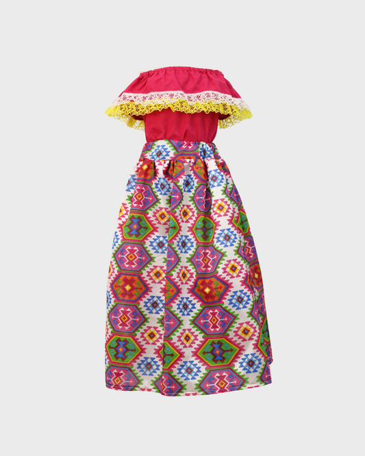 Set Patrio Falda Adelita , Blusa Campesina rosa con olan doble encaje