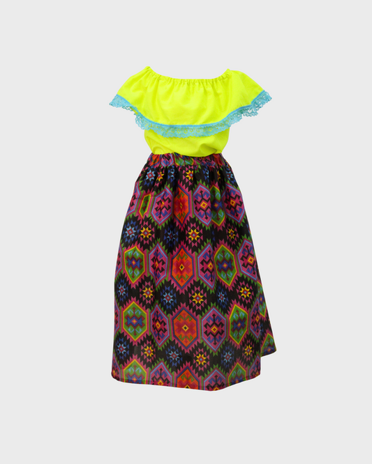 Set Patrio Falda Adelita , Blusa Campesina Amarillo Fluorescente con encaje azul