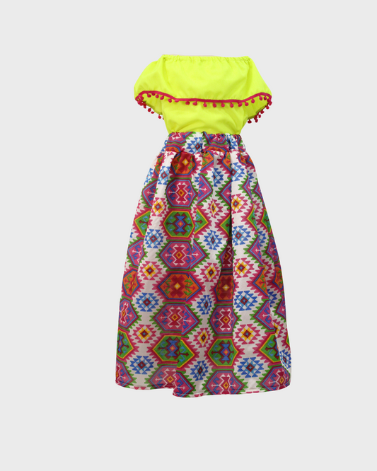 Set Patrio Falda Adelita , Blusa Campesina fluorescente amarilla con pompones rosas