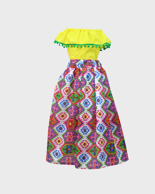 Set Patrio Falda Adelita , Blusa Campesina fluorescente amarillo canario con pompones verde