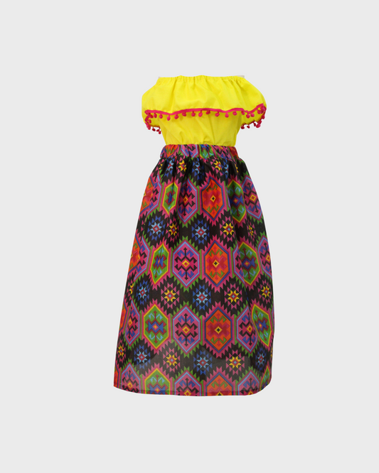 Set Patrio Falda Adelita , Blusa Campesina Amarillo canario con Pompones rosa