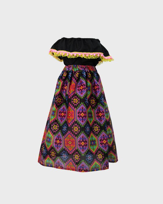 Set Patrio Falda Adelita , Blusa Campesina Negro con Pompones Rosa y Encaje amarillo