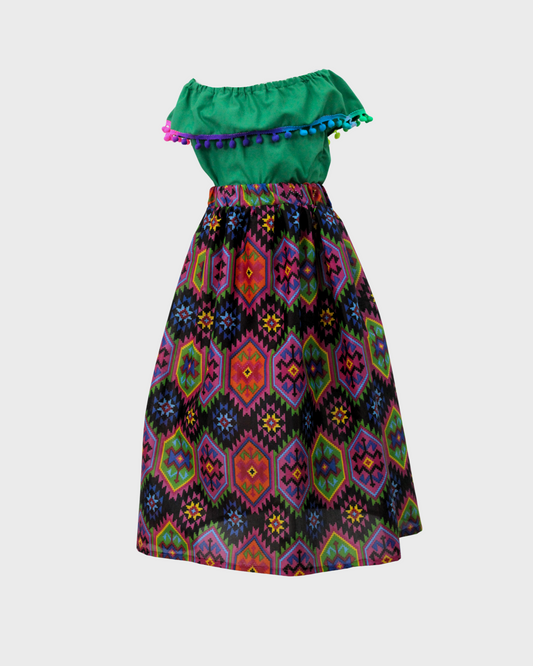 Set Patrio Falda Adelita , Blusa Campesina Verde con Pompones Multicolor
