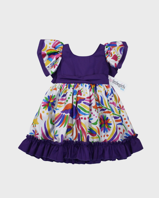 vestido adelita, patrio manga escarola. peto morado, tela floreada