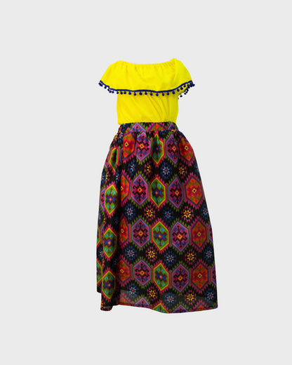 Set Patrio Falda Larga con Textura Mexicana y Blusa Campesina Amarillo Pompones Azul