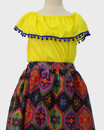 Set Patrio Falda Larga con Textura Mexicana y Blusa Campesina Amarillo Pompones Azul