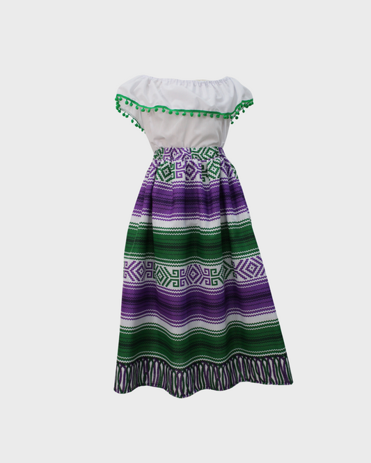 Set Patrio Falda Larga Tipo Adelita Textura Patria y Blusa Campesina Blanca