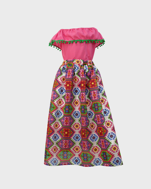 Set Patrio Falda Larga Tipo Adelita Blanca Flores y Blusa Campesina Rosa