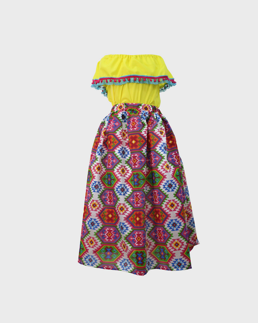Set Patrio Falda  Rayas Estilo Mexicana y Blusa Campesina color Amarillo Canario