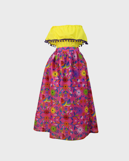 Set Patrio Falda Larga Tipo Adelita Blanca Flores y Blusa Campesina Amarillo Canario
