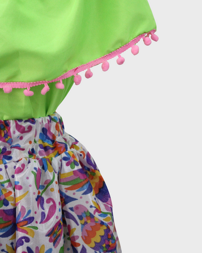 Set Patrio Falda con Elementos Estilo  Mexicana y Blusa Campesina color Verde