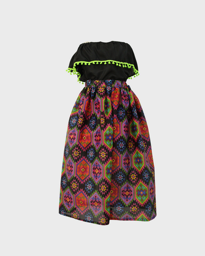 Set Patrio Falda  Rayas Estilo Mexicana y Blusa Campesina color Negro pompones verde