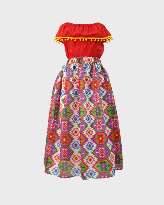 Set Patrio Falda  Rayas Estilo Mexicana y Blusa Campesina color Rojo Bandera