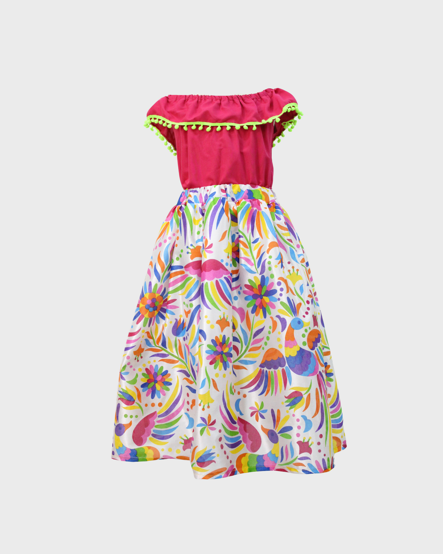Set Patrio Falda con Elementos Estilo  Mexicana y Blusa Campesina color Rosa Pompones Verde