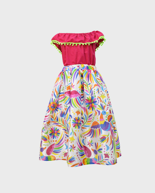 Set Patrio Falda con Elementos Estilo  Mexicana y Blusa Campesina color Rosa Pompones Verde