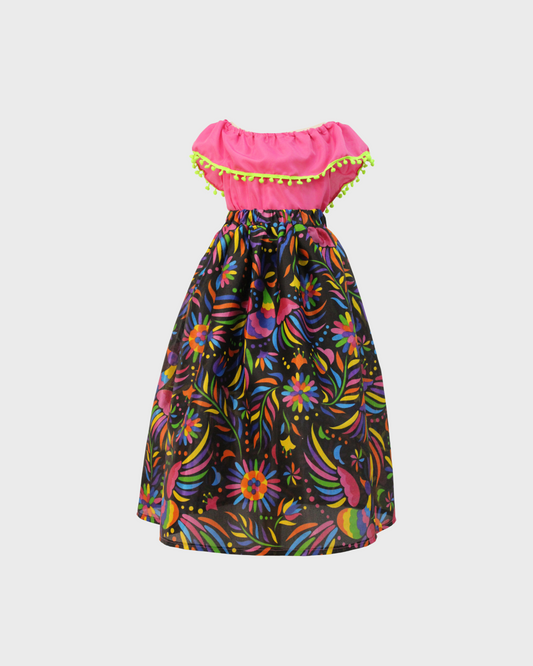 Set Patrio Falda con Elementos Estilo  Mexicana y Blusa Campesina color Rosa Pompones Verde fluorecente