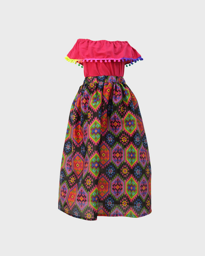 Set Patrio Falda  Rayas Estilo Mexicana y Blusa Campesina color Magenta pompones multicolor