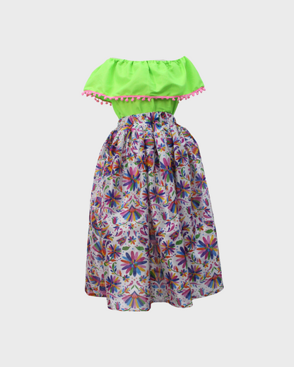 Set Patrio Falda con Elementos Estilo  Mexicana y Blusa Campesina color Verde